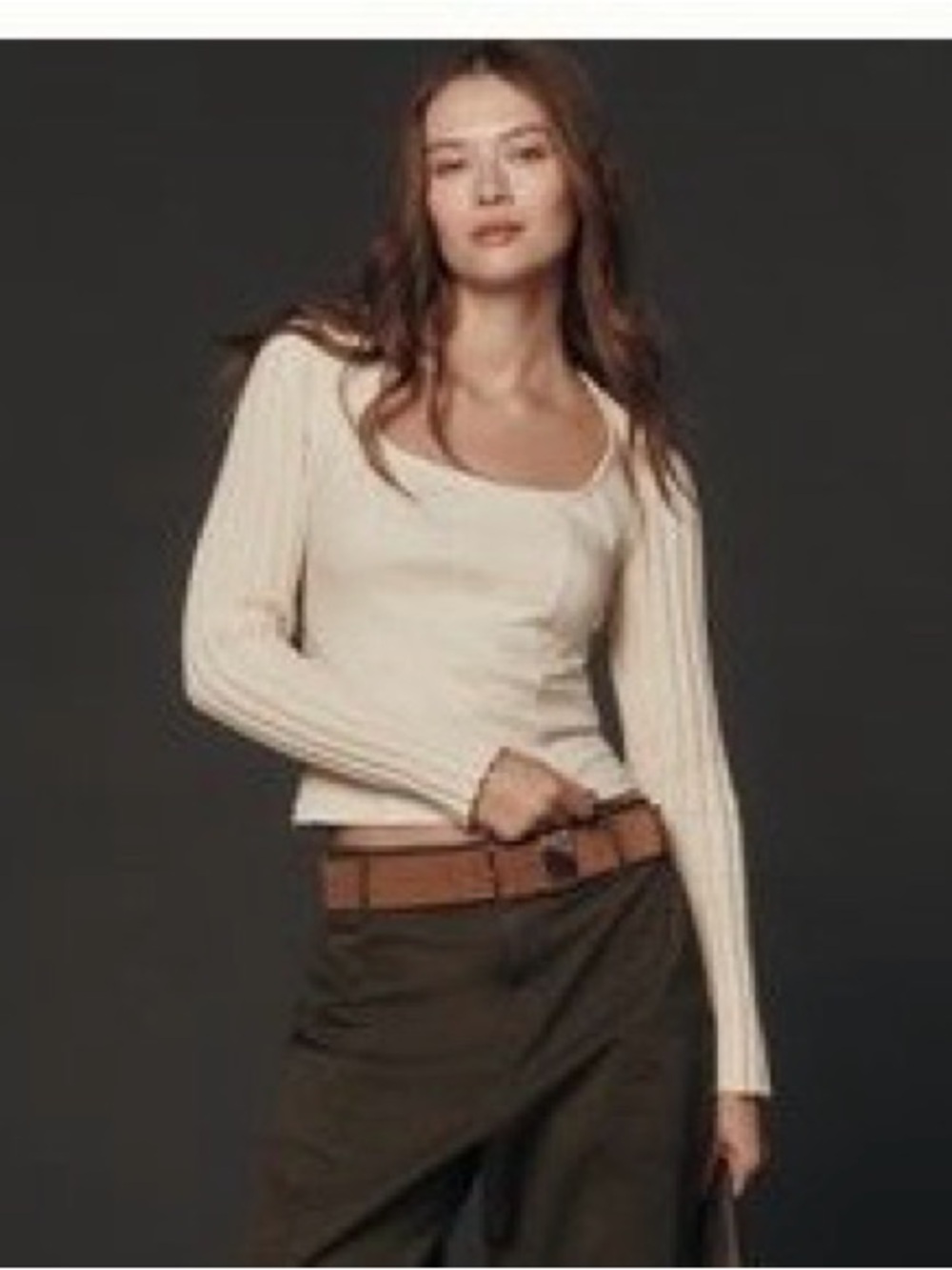 Anthropologie Ivory Ribbed Scoop-Neck Long-Sleeve Sweater